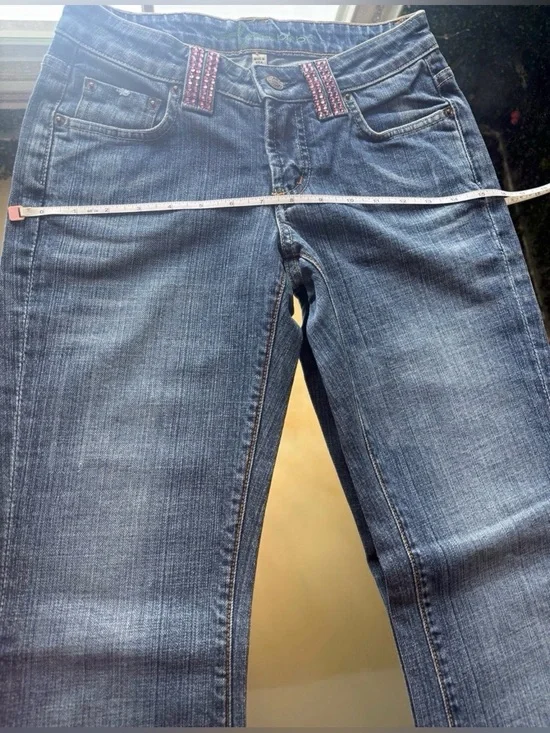 bebe Blue Denim Bootcut Jeans with Pink Rhinestone Logo - Picture 9 of 12